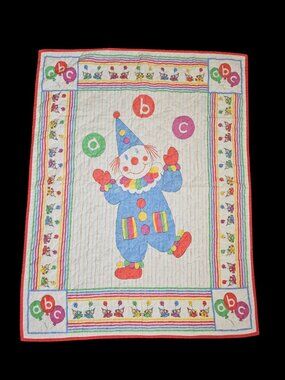 VTG Baby Quilt Blanket Circus Clown Juggling ABCs Multi-color 33 X 43 In